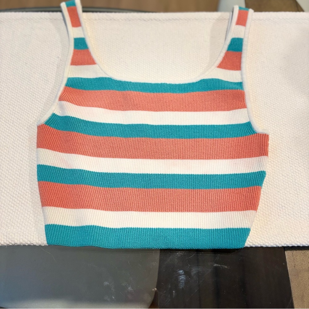 Aritzia- Babaton - Striped Tank Crop Top in Coral, Teal & White